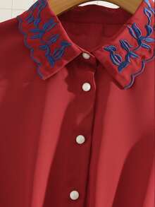 GlowEve Women's Embroidered Collar Cinched Waist A-Line Dress, Elegant & Sophisticated For Daily Commute, Business, Romantic Dates, Parties, Christmas, Autumn/Winter Long Sleeve - Red - View 3