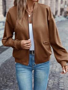 SHEIN LUNE Damska kurtka baseballowa w jednolitym kolorze z długimi rękawami i opadającymi ramionami, dwustronna, z kieszeniami bocznymi, jesienna brązowa kurtka damska, brązowa kurtka typu bomber, damska kurtka typu bomber, kurtki damskie, swobodna kurtka typu bomber