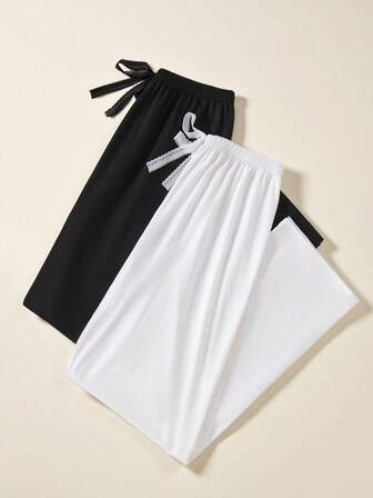 2 st enfärgade pyjamasbyxor med knytning i midjan för kvinnor, höst- och vinterkläder