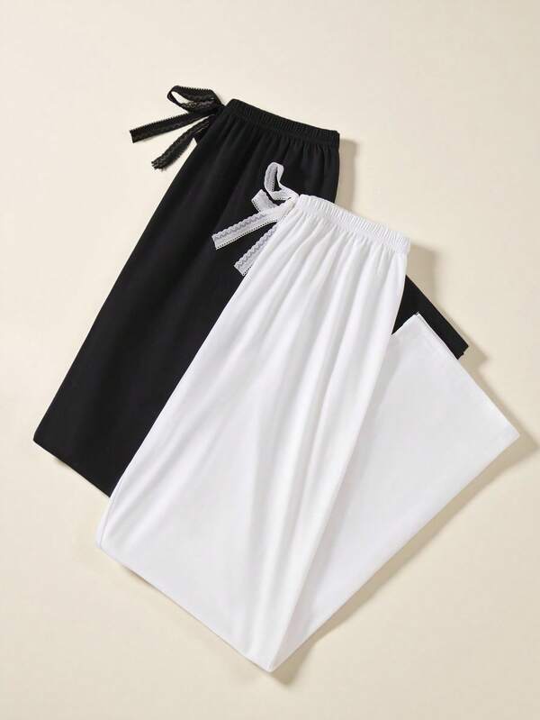 2pcs Women's Solid Color Lace-Up Sleep Pants Pajama Pants, Fall Clothes