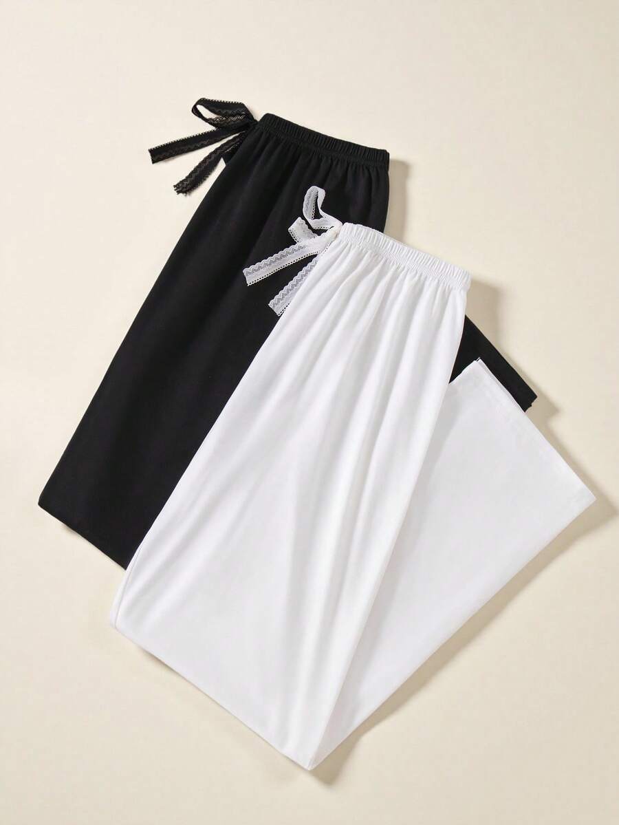 SHEIN 2pcs Women's Solid Color Tie Waist Sleep Pajama Pants, Fall Winter Clothes - Multicolor - View 1