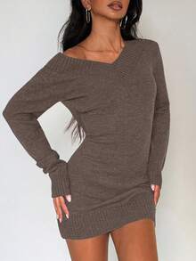 EgrlEra V-Neck Knitted Women's Bodycon Sweater Dress, Autumn/Winter - Mocha Brown - View 7