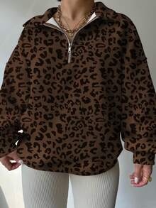 EMERY ROSE Plus Size Dropped Shoulder Long Sleeve Loose Half-Zip Casual Pullover Pullover Sweatshirt - Chocolate Brown - View 3