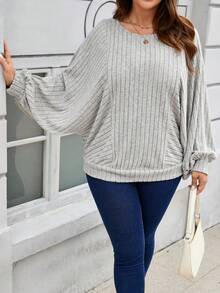 SHEIN PETITE CURVE Plus Size Crew Neck Batwing Sleeve Fleece Sweatshirt - Grey - View 6