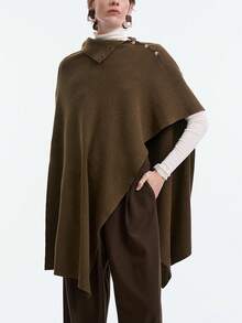 SHEIN Stylify 女士高领不对称斜扣斗篷毛衣，时尚优雅，秋冬款 - 軍綠色 - 查看 8