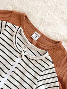 Vintaside Kids 2pcs Loomiva Newborn Baby Soft Knit Crew Neck Long Sleeve Romper Set, Solid & Striped Combo, Footed Jumpsuit, Infant - Multicolor - View 5