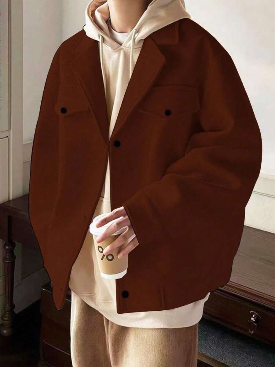 Claim Dot 男士休闲长袖纽扣外套，秋冬季，男士秋冬轻奢成熟休闲粗花呢翻领口袋保暖弹力袖口大衣 - 摩卡棕 - 查看 1