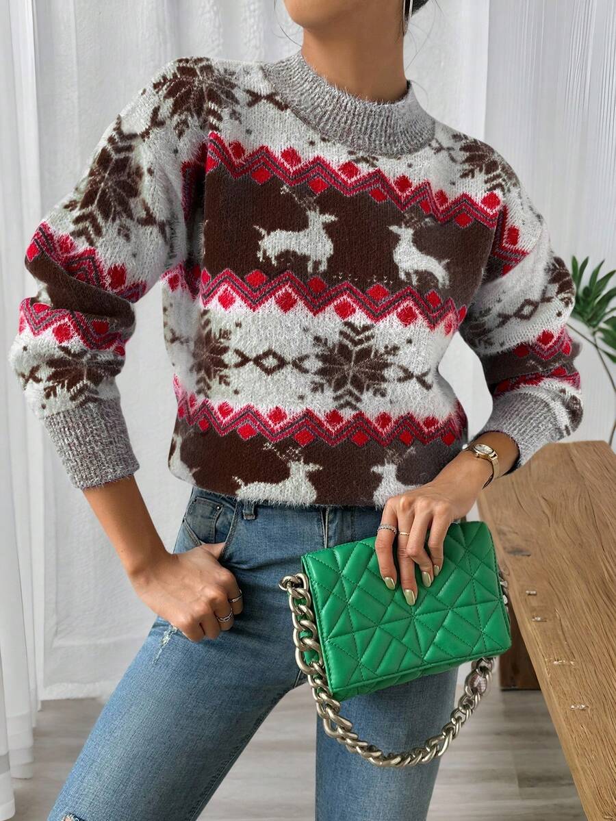SHEIN LUNE All-Over Print Casual Versatile Crew Neck Long Sleeve Pullover Sweater, Autumn/Winter - Coffee Brown - View 1