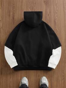 EASEVO Casual Patchwork Contrast Color Loose Hoodie Sweatshirt For Plus Size Men, Long Sleeve Top - Black - View 2