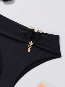 Swim Basics 女性夏季海灘泳裝比基尼底部，金屬細節 - 黑色 - 查看 4