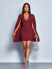 SOLERSUN Herbst Damen Party Kleid aus schimmerndem Tweed Stoff mit schlankem Cape, rotes Kleid geeignet für Zusammenkünfte und Partys, Damenkleid - Bordeaux - Übersicht 3
