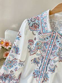 SHEIN Clasi French Elegant Collar Lantern Sleeve Single-Breasted Placement Print Women Shirt - Multicolor - View 3