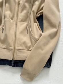 Elamini 女士合身复古风格针织弹力连帽羊毛运动衫，带口袋 - 杏色 - 查看 3