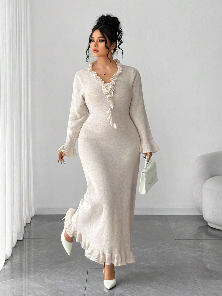 Elenzga 大码纯色长袖休闲毛衣连衣裙