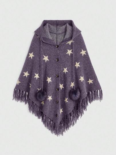 Hippie Boho Mysterious Witch Style Star Jacquard Bat Wing Sleeve Tassel Hem Women Hooded Cardigan