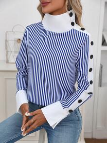 EMERY ROSE Women's Elegant High-End Design Contrast Color Block Collar Long Sleeve Casual Versatile Striped Shirt, Winter - Blue and White - View 1