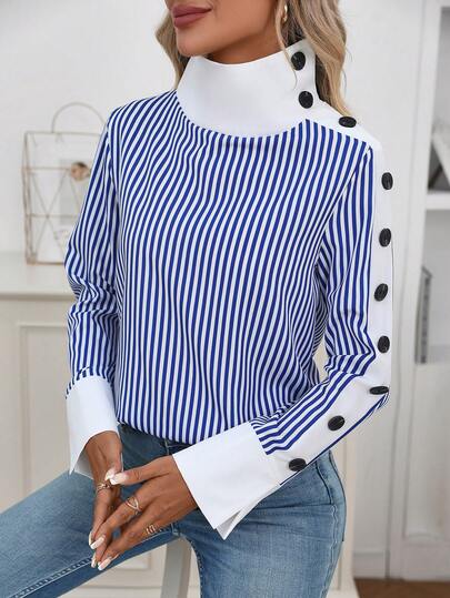 EMERY ROSE Women's Elegant High-End Design Contrast Color Block Collar Long Sleeve Casual Versatile Striped Shirt, Winter