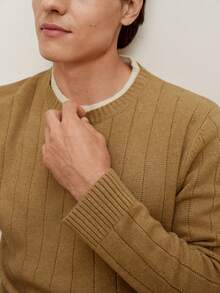 RONVEXI 男士休闲圆领长袖毛衣，秋冬季 - 駝色 - 查看 2