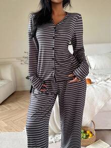 Snug Zone 女士针织休闲宽松条纹印花上衣和裤子家居服套装，秋冬舒适优雅服饰细节 - 黑色 - 查看 5