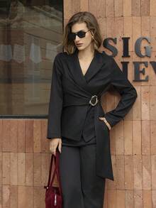 Hansera 2 pièces Ensemble de costume mode femme avec Top à manches longues croisé et épaules dénudées, couleur unie régulière - Noir - Voir 3