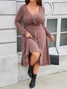 SHEIN Plus Size Twist Waist Long Sleeve Scoop Neck Dress - Coffee Brown - View 5