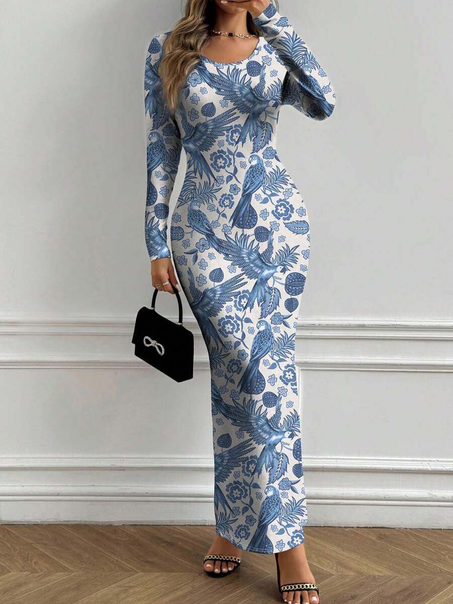 Glamance Studio Sense 印花修身长袖连衣裙 女士长袖紧身连衣裙 女士长袖连衣裙 印花长款连衣裙 鸟类印花长裙 女士长袖连衣裙 女士长袖紧身连衣裙 蓝白印花连衣裙 端庄长袖连衣裙 女士长裙 女士紧身长款连衣裙 图案长袖连衣裙 - 彩色 - 查看 1