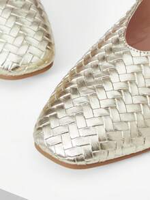 MOTF Zapatos planos tipo Mary Jane con textura trenzada de color champán y hebilla ajustable, zapatos de primavera - Dorado - Ver 6