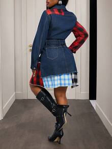 Slaydiva 女士时尚通勤格子拼接不对称下摆牛仔连衣裙 - 藍色 - 查看 2