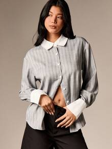 AiiRZ Pinstripe Button Down Blouse With Contrast Collar And Cuffs Office Professional Long Sleeve Shirt - Grey - View 1