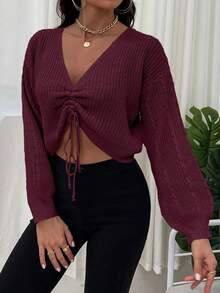 Chiquease 时尚休闲百搭短款深V领抽绳落肩宽松女式套头毛衣，秋冬 - 紫紅色 - 查看 5