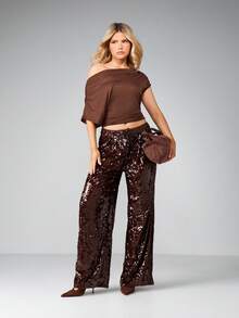 MISSGUIDED Eleganckie, cekinowe, szerokie spodnie palazzo z wysokim stanem, na imprezę, wieczór, formalną okazję, eleganckie spodnie