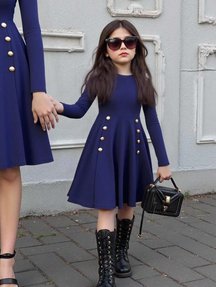 SHEIN Explorewe Tween Girls Elegant Commuter Lady Round Neck Knit Fitted Long Sleeve Gold Button A-Line Dress - Blue - View 3