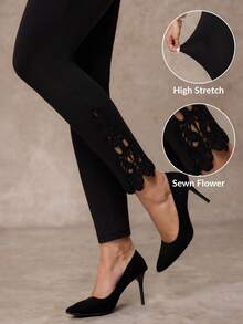 Amorya 女士休闲日常办公通勤纯色高腰撞色蕾丝打底裤 - 黑色 - 查看 2