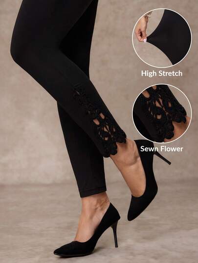 Amorya Women's Casual Everyday Office Commute Solid Color High Waist Contrast Lace Leggings Winter Christmas New Year Thanksgiving Black,Fall,Fall Clothes For Women,Winter Clothes For Women