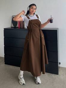 POPSWAY 全新秋季户外百搭束腰中长款吊带连衣裙女装 - 咖啡棕 - 查看 1