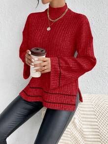SHEIN LUNE Sweater Pullover Wanita Lengan Panjang Longgar Kasual - Merah - View 3