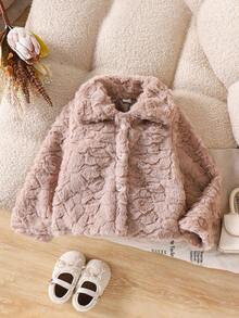 SHEIN Elladie kids Young Girl' Ivory Faux Fur Collar Long Sleeve Jacket, Fashionable, Warm, Versatile, Comfortable Winter Children's Short Coat - Grey - View 3
