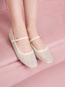 CUCCOO DOLLMOD Fashionable Light Apricot Full Crystal Mesh Mary Jane Flat Shoes, Cute And Sweet For School Students Spring Shoes Spring Break Easter For Christmas Spring Shoes - Apricot - View 5