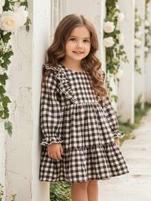 Babygirl 可爱休闲格子长袖荷叶边下摆宽松连衣裙 - 卡其色 - 查看 11