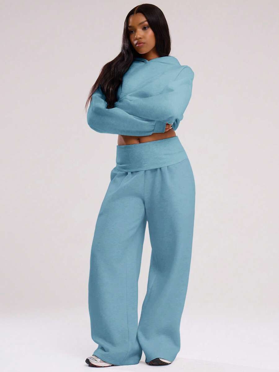 MUSERA 超宽腿翻折腰裤，休闲机场秋季穿搭 - 淺藍色 - 查看 1