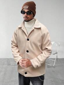 Manfinity Homme Men's Solid Color Raglan Sleeve Single-Breasted Casual Overcoat, Autumn/Winter Outerwear - Beige - View 5