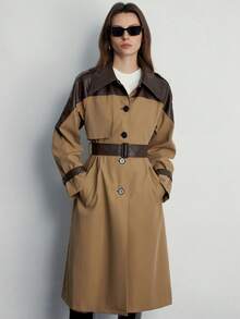 Aveloria Modichic Retro French Style Contrast Color Patchwork Collar Casual Belted Mid-Length Trench Coat - Khaki - View 6