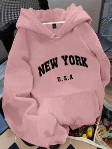 ReShift 大码女式字母“NEW YORK U.S.A”城市名称印花保暖抽绳卫衣，秋冬季 - 藕粉色 - 查看 3
