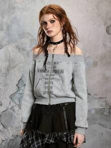 ROMWE Avant Letter Print Off Shoulder Cropped Loose Knit Sweatshirt - Light Grey - View 4