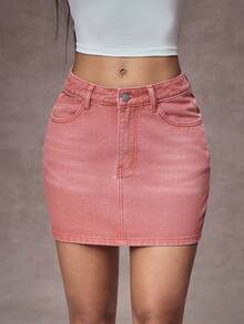 SHEIN Essnce 女士口袋装饰休闲百搭牛仔迷你裙 - 粉色 - 查看 1