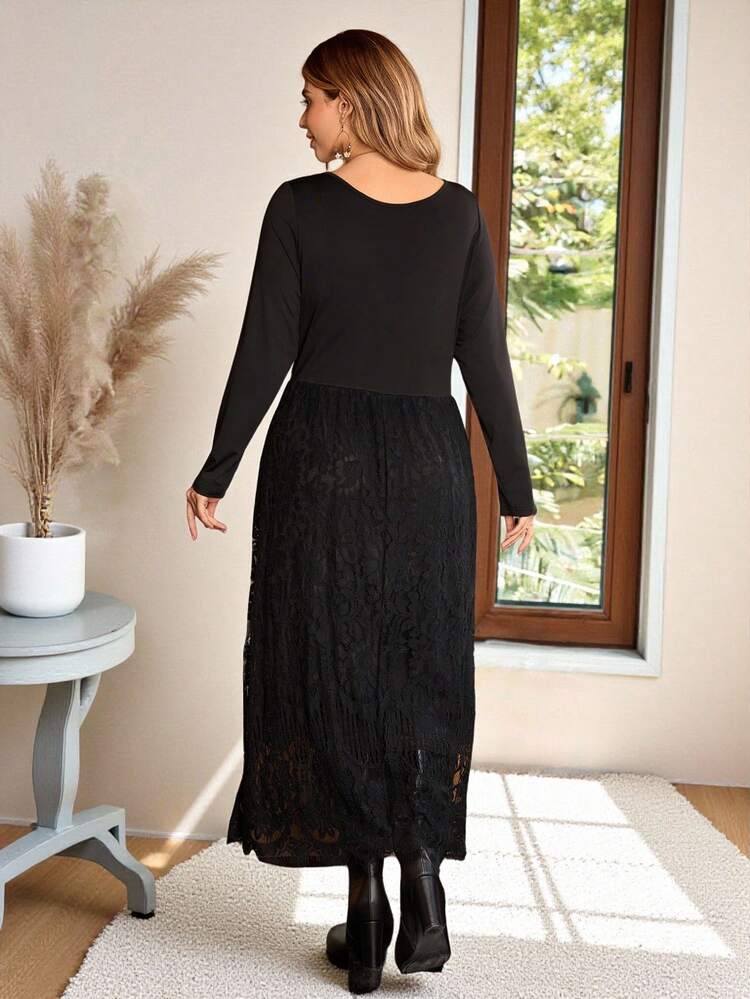 Plus Size Women Elegant Lace Long Sleeve Dress Long Sleeve Black Dress Autumn Dress Dresses For Women Winter Clothes For Women Country Style For Women Country Concert Outfit
