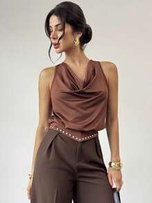 Firerie Women's Elegant Minimalist Casual Fashion Commute Party New Year Valentine's Day Cowl Neck Draped Rivet Brown Camisole Top - Brown - View 6