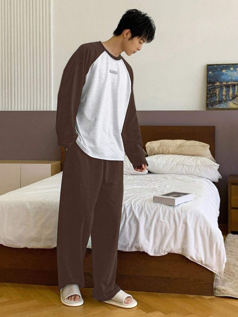 Men's Autumn Patchwork Color Block Graphic Tee And Elastic Waist Pants Loungewear Set, Multi-Color - Brown - View 1