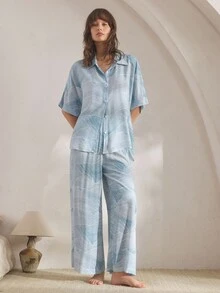 Ocili Leisure Comfy Striped Print Lapel Short Sleeve Top & Pants Women Pajama Set, Chic Autumn Slumber, Fall Winter Clothes Light Blue Pj Set - Khaki - View 6