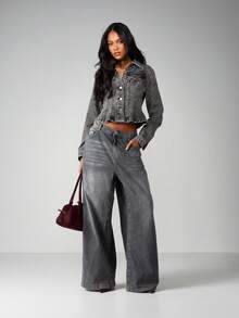 MISSGUIDED Vintage Grey Denim Jacket With Peplum Hem Button Front Collar Classic Fall Outerwear - Grey - View 4